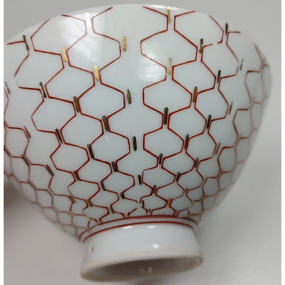 Japanese Porcelain Red White Geometric Pattern Footed Rice Bowl Set Of 3 - Picture 10 of 13